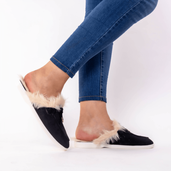 mule en noir fourure blonde