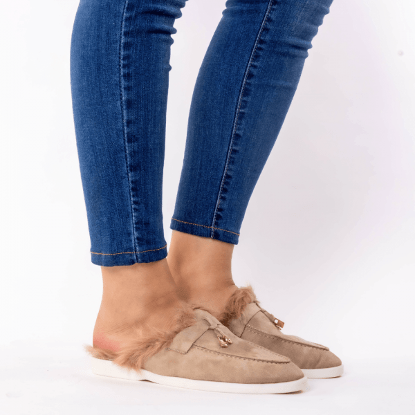 mule en beige fumé fourure brune