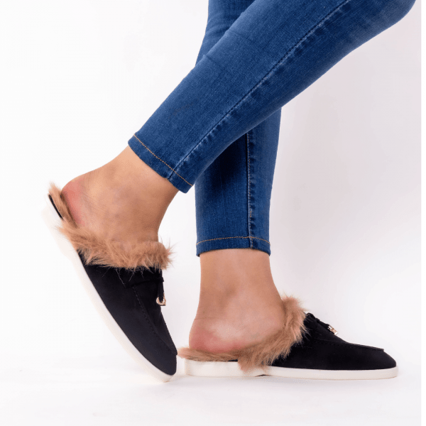 mule en noir fourure brune