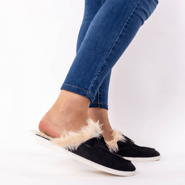 mule en noir fourure blonde