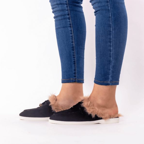 mule en noir fourure brune