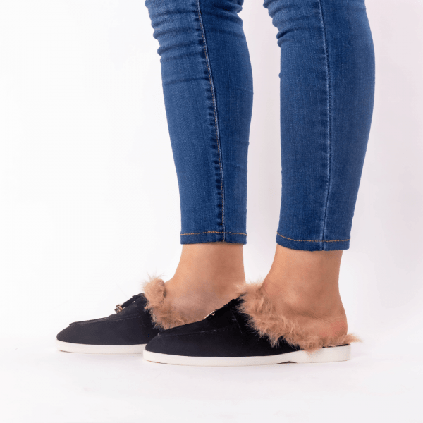 mule en noir fourure brune