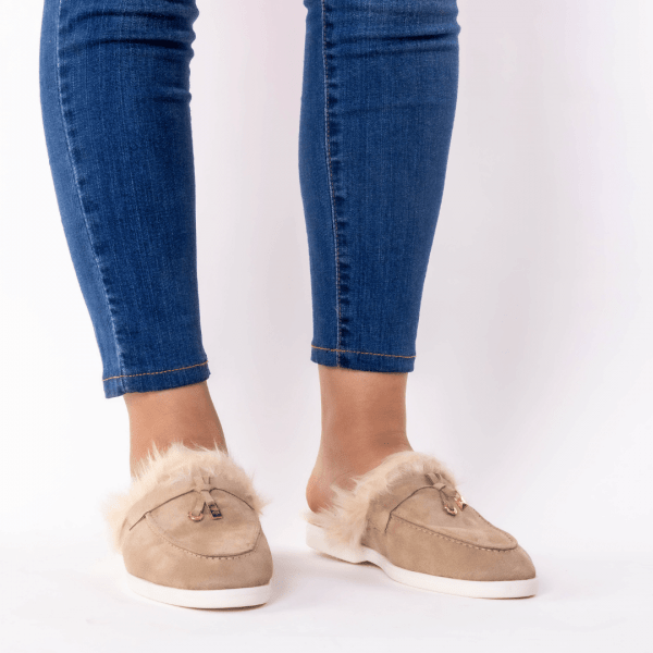 mule en beige fumé fourure blonde