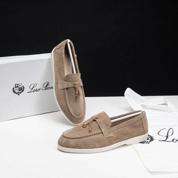 mocassin cuir daim en beige fumé